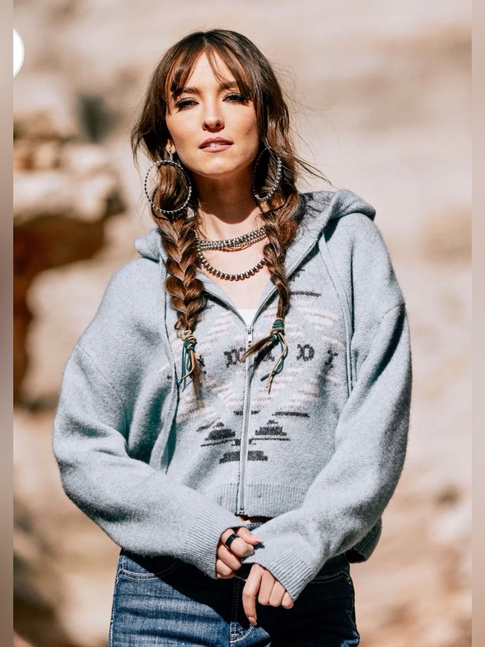 Ariat Light Blue Zip Hoodie with Southwestern Motif